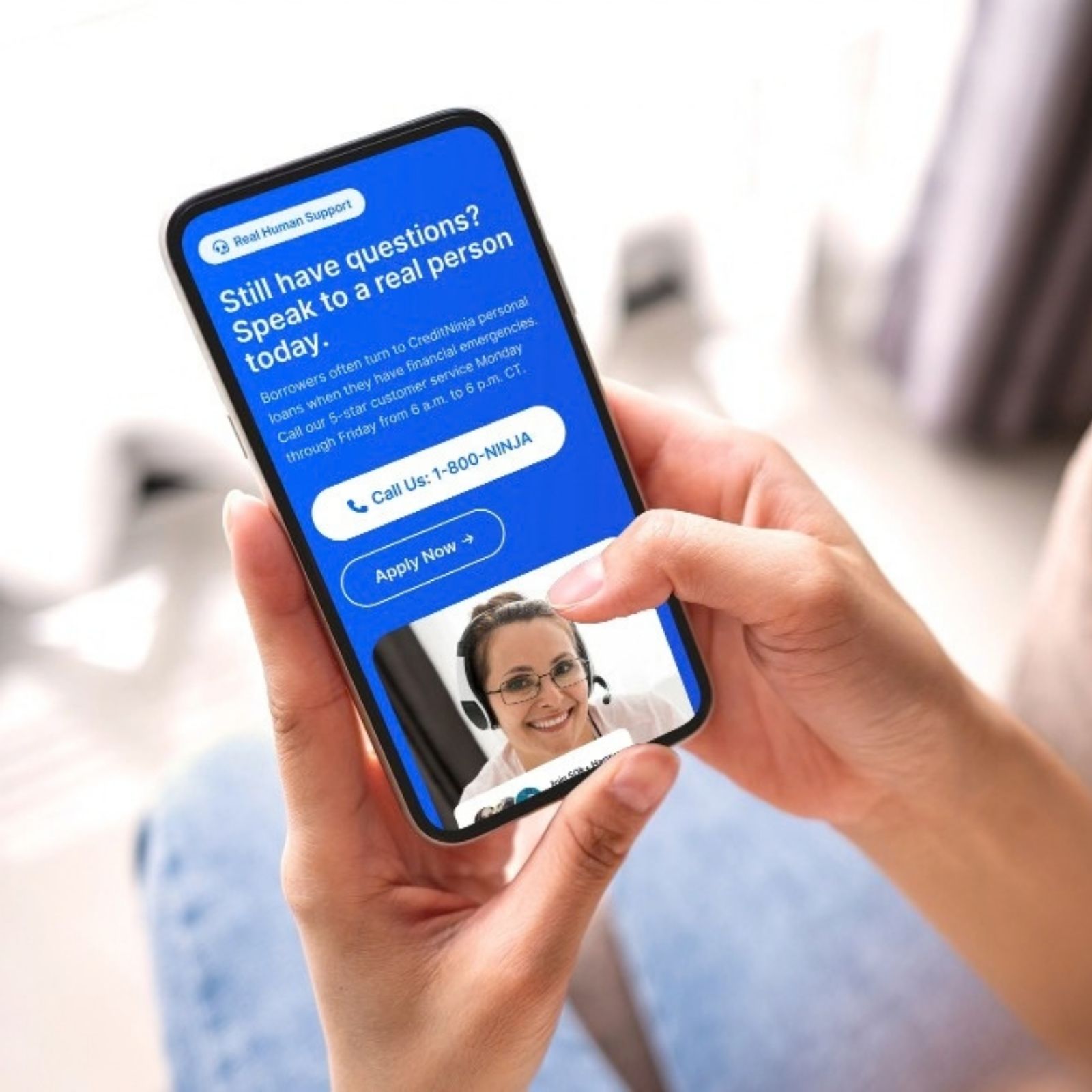 CreditNinja customer service information displayed on mobile phone screen
